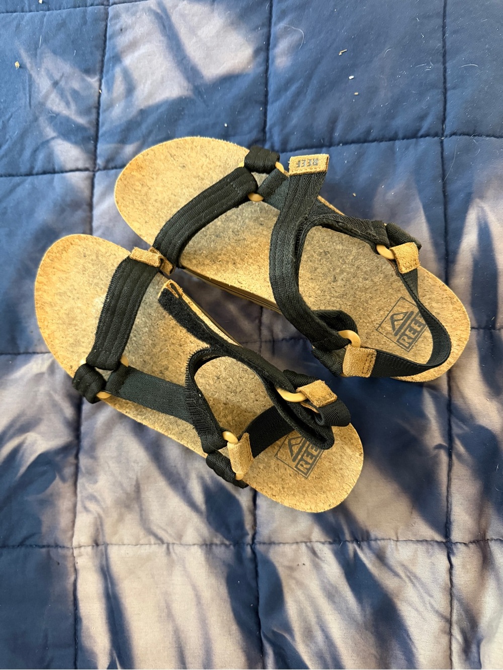 Reef Black and Tan Cork Strappy Sandals